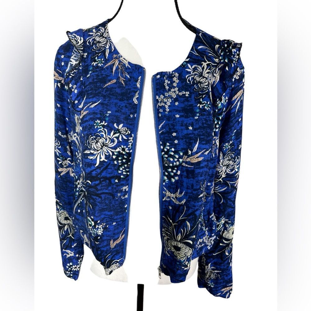 Jaase Boho Floral Cropped Bomber Moto Ruffel Jacket NWT Satin Feel Blue Size M. - Picture 2 of 11